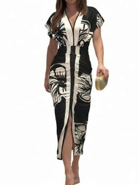 🆕 Summer Dresses for Women Floral Print Plunge V Neck Midi Dress Casual Ruched